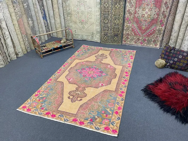 4.2x7.1 ft Turkish Area Rug, Vintage Pink Bordered Rug - 1