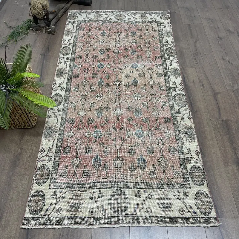 Turkish Oushak Rug 3.3x7 ft (101x212 cm), Red Floral Vintage Rug - 1