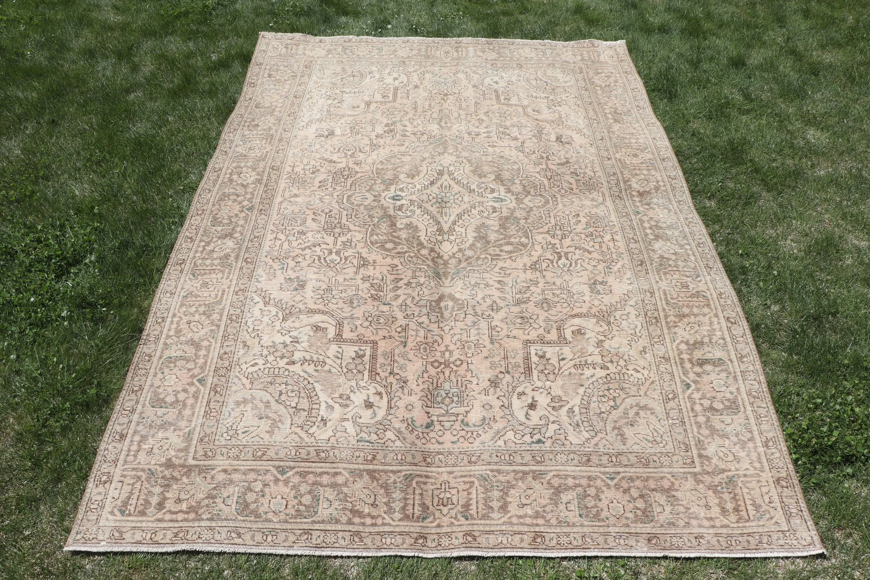 Türk Vintage Büyük Halı 6.5x9.5 ft, Kahverengi Mavi Bordürlü Yün Halı - 1