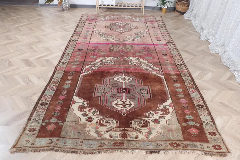 El Yapımı Kahverengi Halı, Pembe Desenli 0,5x0,9 ft