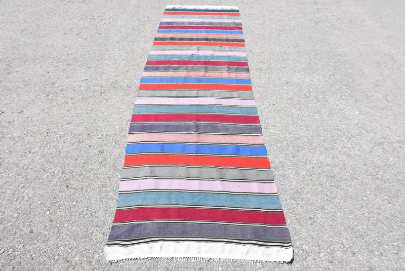 Türk Halısı, Yolluk 2.6x9.2 ft Vintage Halı, Kırmızı Mavi Kareli Yün Halı - 1