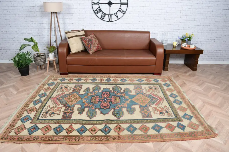 5.9x7.9 ft Büyük Türk Vintage Halı, Mavi Patchwork Yün Halı - 1