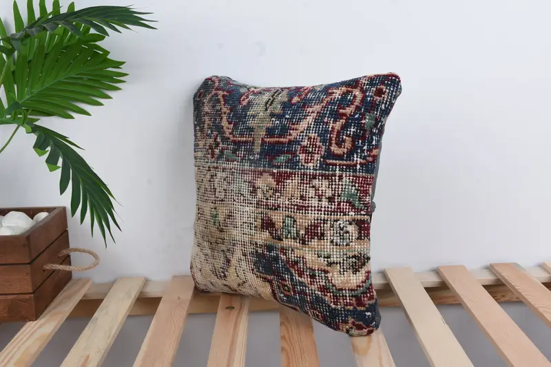 Turkish Pillow, Garden Cushion Cover, Vintage Kilim Pillow, Pillow Sham, Handmade Rug Seat Cushion, Home Decor Pillow, 14x14 Blue Pillow Case - 5