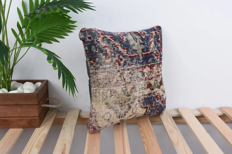 Turkish Pillow, Garden Cushion Cover, Vintage Kilim Pillow, Pillow Sham, Handmade Rug Seat Cushion, Home Decor Pillow, 14x14 Blue Pillow Case - 4