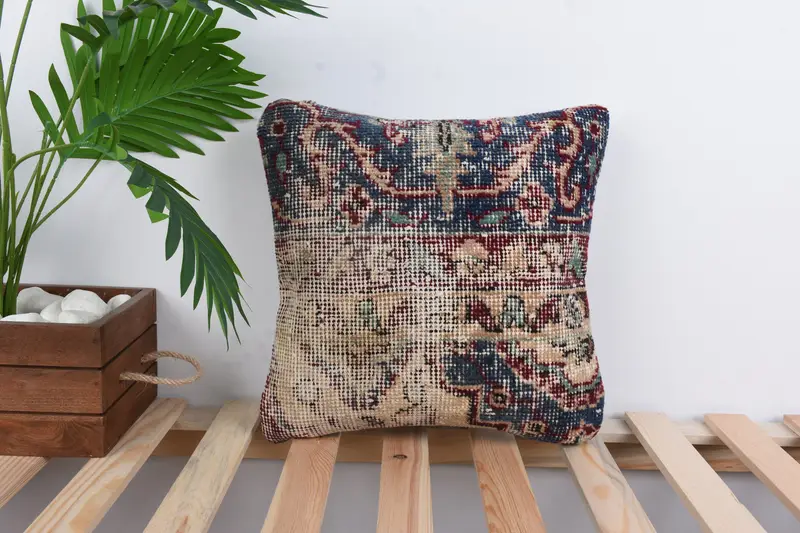 Turkish Pillow, Garden Cushion Cover, Vintage Kilim Pillow, Pillow Sham, Handmade Rug Seat Cushion, Home Decor Pillow, 14x14 Blue Pillow Case - 1
