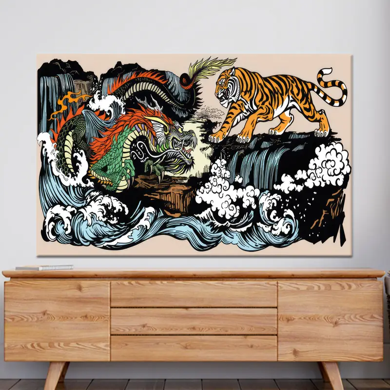 陰陽龍虎キャンバス：鮮やかなアートの調和