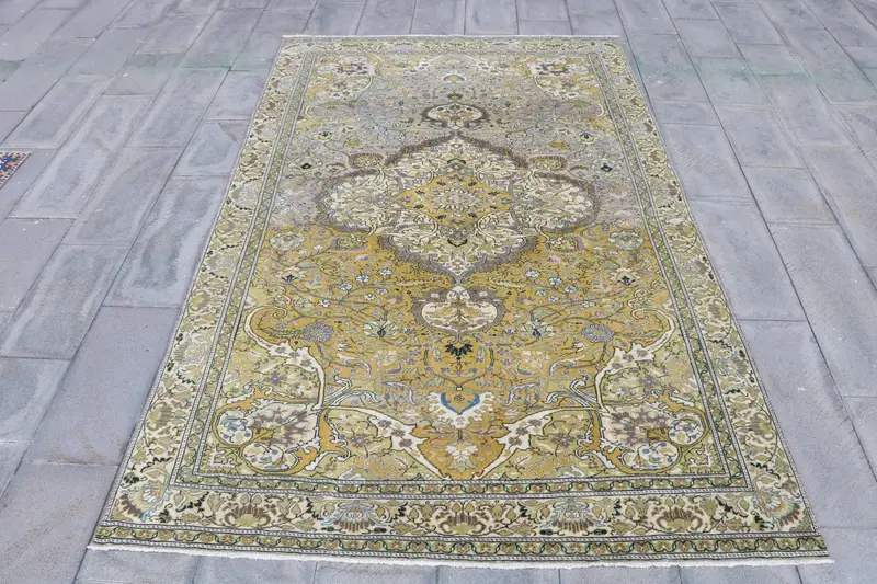 Vintage 6.2x9.8 ft Rug, Large Turkish Rug, Yellow Green Striped Wool Rug - 1