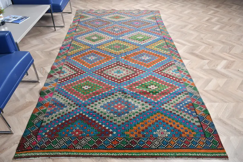 Mavi ve Turuncu Hayvan Baskılı Halı, 5,3x10,6 ft