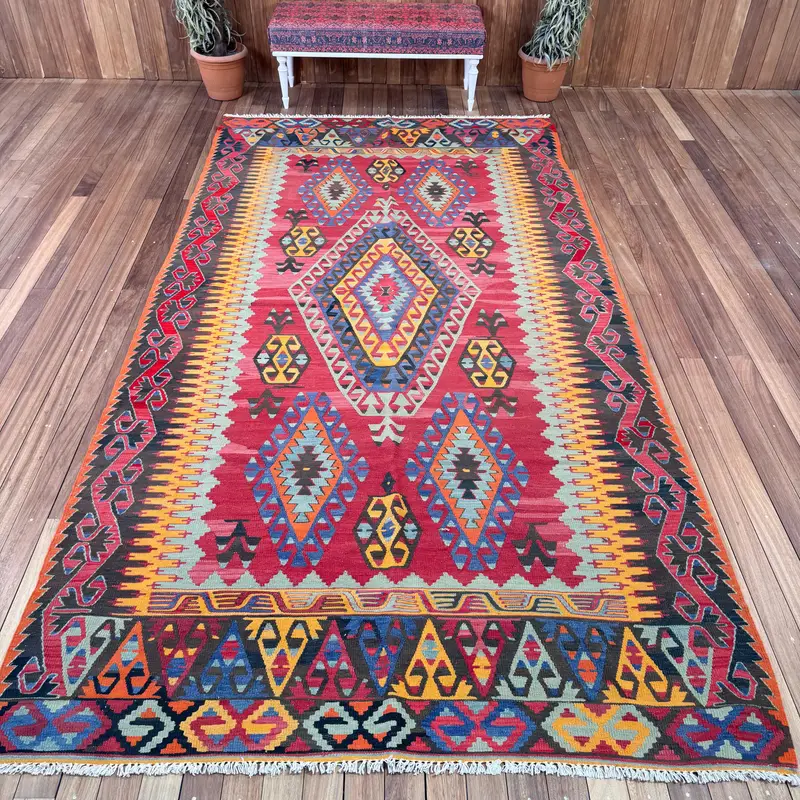 Vintage Turkish Oversize Rug 6.3x12.2 ft (193x371 cm), Red Ikat Oushak Rug - 1
