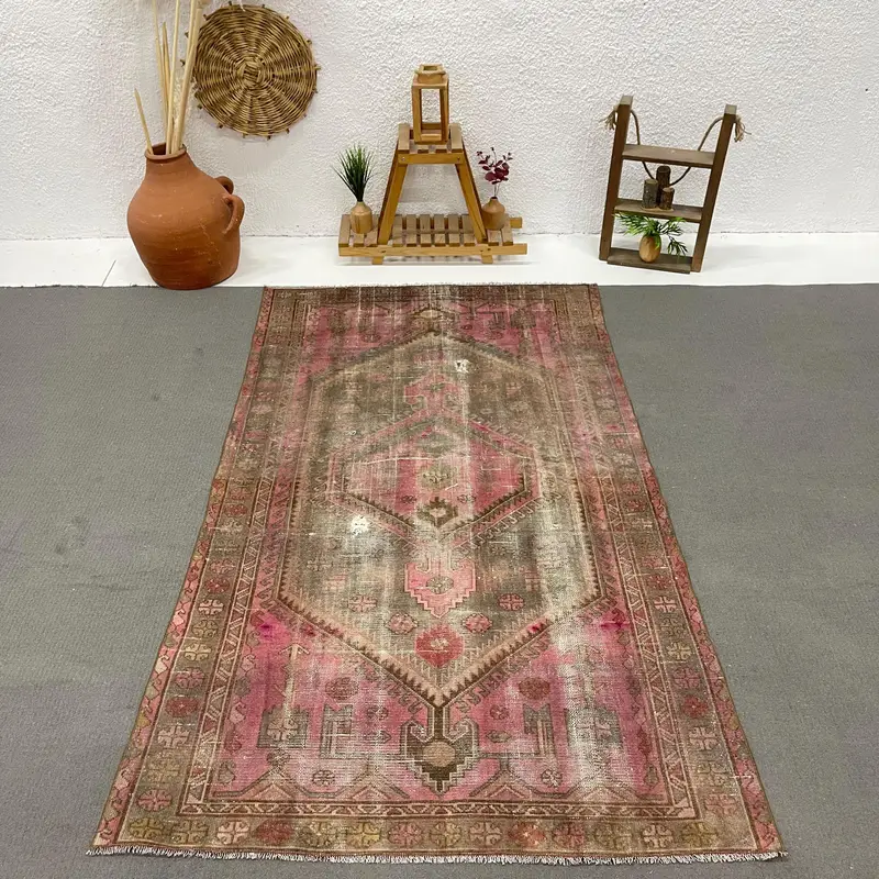 Turkish Oversize Rug 4.6x7.5 ft (140x230 cm), Oushak Red Abstract Vintage Rug - 1