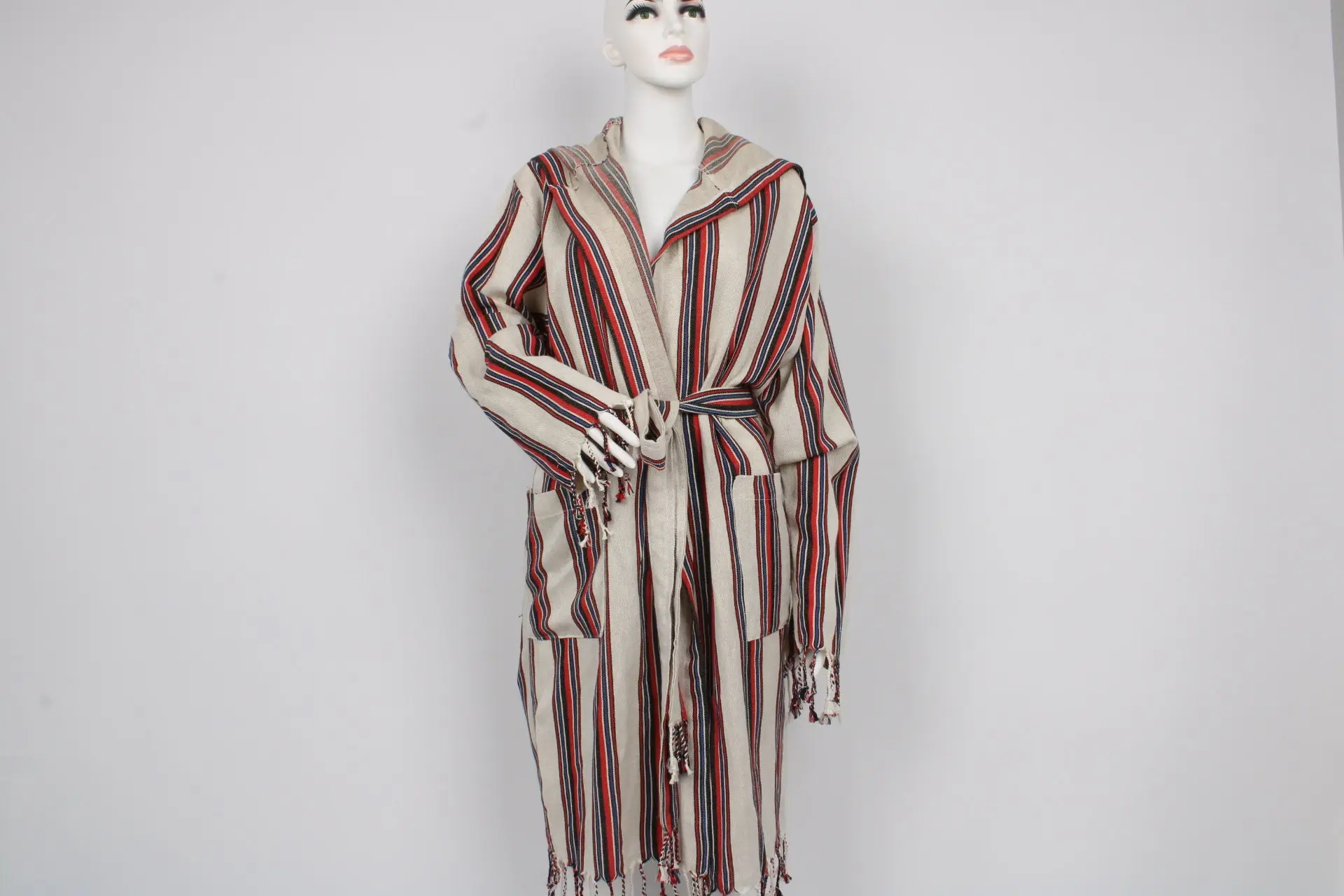 Unisex Red Striped Design Bathrobe, Organic Turkish Towel, Hooded, Pockets - 1