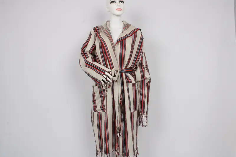 Albornoz unisex con diseño de rayas rojas, toalla turca orgánica, con capucha, bolsillos - 1