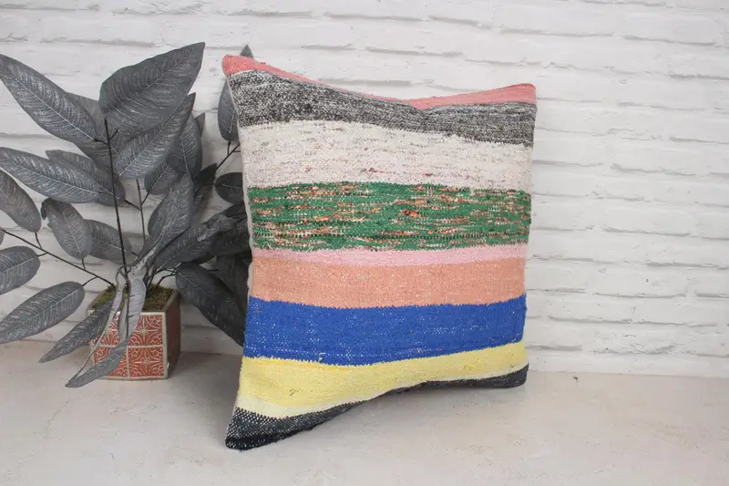 20x20 Blue Pillow, Handmade Kilim Cushion, Boho Pillow Sham Cover, Home Decor Pillow, Pet Pillow Case, Pillow Case, Ottoman Pillow Case - 3