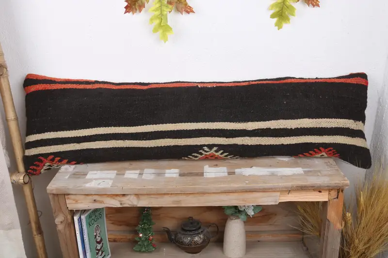 Boho Pillow Sham Cover, Vintage Kilim Pillow, Pillow Sham, Cotton Pillow Case, Anatolian Pillow Sham, 12x43 Black Pillow Cover, Throw Kilim Pillow - 2