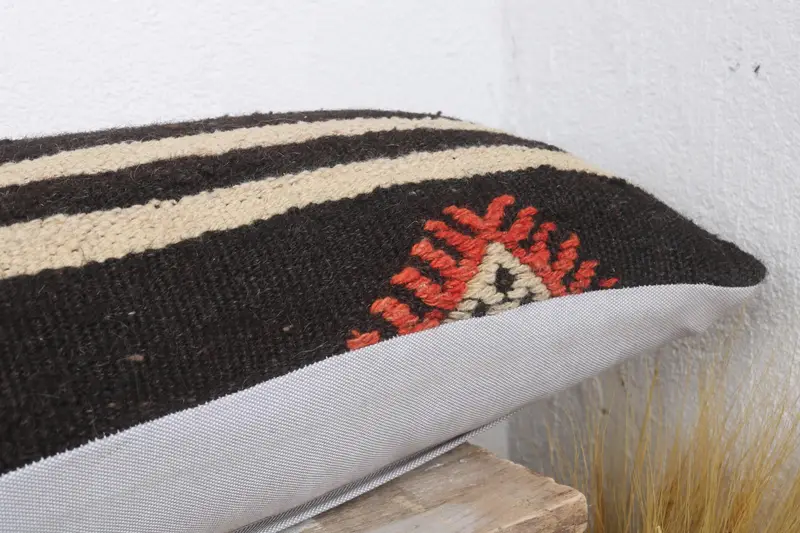 Boho Pillow Sham Cover, Vintage Kilim Pillow, Pillow Sham, Cotton Pillow Case, Anatolian Pillow Sham, 12x43 Black Pillow Cover, Throw Kilim Pillow - 6