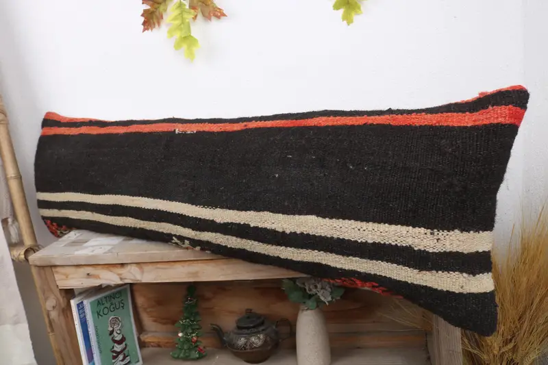 Boho Pillow Sham Cover, Vintage Kilim Pillow, Pillow Sham, Cotton Pillow Case, Anatolian Pillow Sham, 12x43 Black Pillow Cover, Throw Kilim Pillow - 4