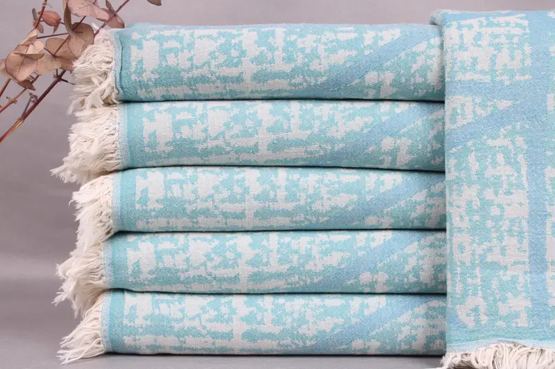 Turkish Beach Towel Turquoise Asymmetric Design, Organic Cotton, 40x69 Inches