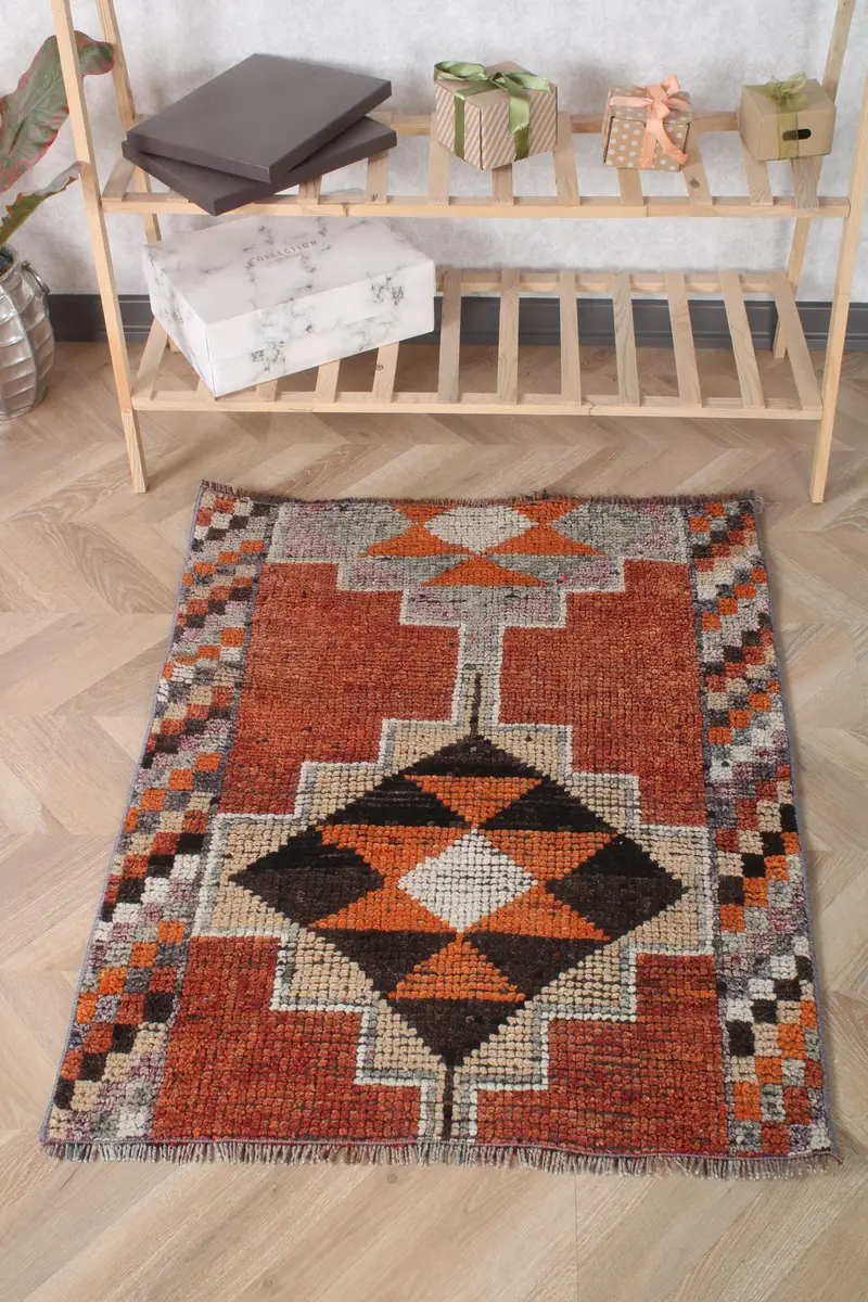 Vintage Turkish Rug, 2.7x3.3 ft Oversize Rug, Orange Oushak Solid Rug - 1