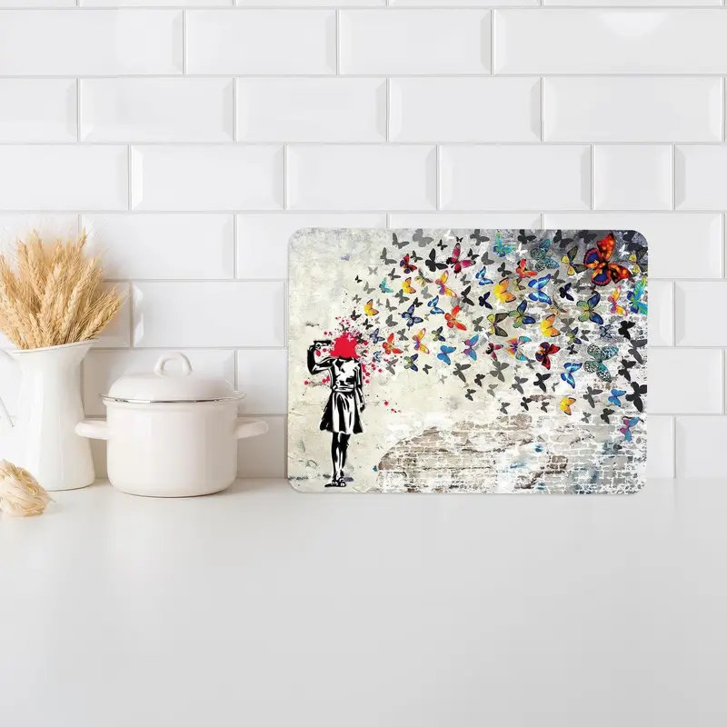 Butterfly Graffiti Glass Cutting Board, Art-Inspired Kitchen Essential