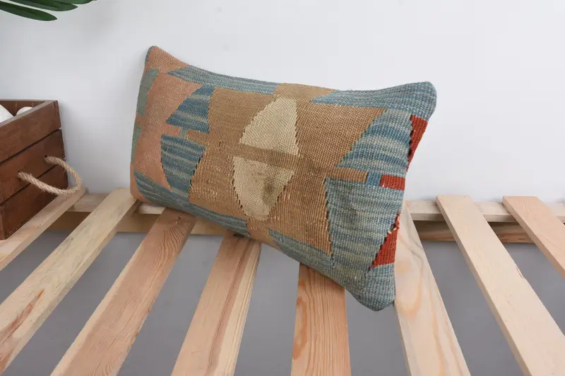 Handmade Rug Seat Cushion Cover, Pillow Cover, 8x16 Blue Cushion, Pillow for Couch, Boho Pillow, Throw Kilim Pillow, Pastel Pillow - 5