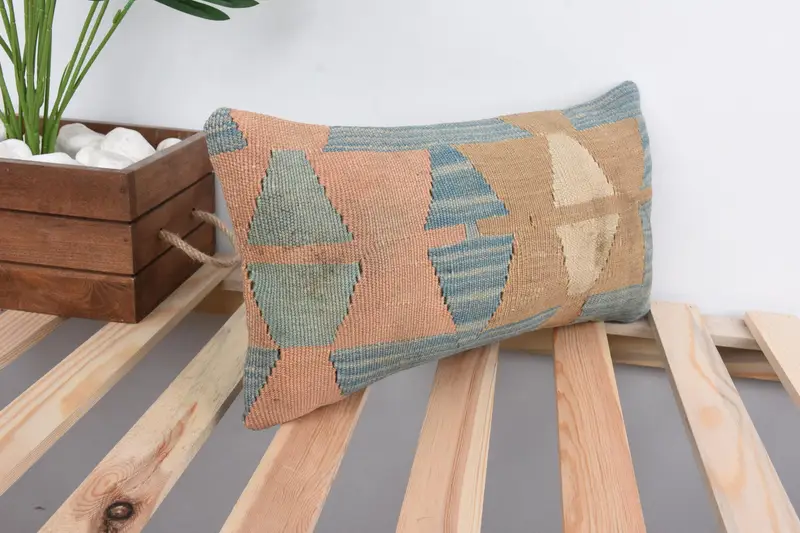 Handmade Rug Seat Cushion Cover, Pillow Cover, 8x16 Blue Cushion, Pillow for Couch, Boho Pillow, Throw Kilim Pillow, Pastel Pillow - 4