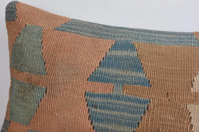 Handmade Rug Seat Cushion Cover, Pillow Cover, 8x16 Blue Cushion, Pillow for Couch, Boho Pillow, Throw Kilim Pillow, Pastel Pillow - 2