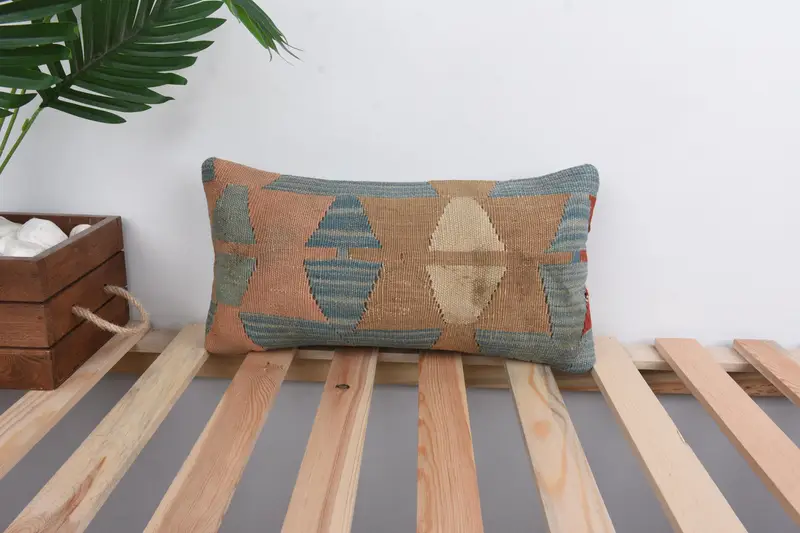 Handmade Rug Seat Cushion Cover, Pillow Cover, 8x16 Blue Cushion, Pillow for Couch, Boho Pillow, Throw Kilim Pillow, Pastel Pillow - 1