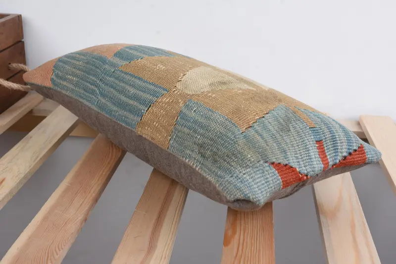 Handmade Rug Seat Cushion Cover, Pillow Cover, 8x16 Blue Cushion, Pillow for Couch, Boho Pillow, Throw Kilim Pillow, Pastel Pillow - 6