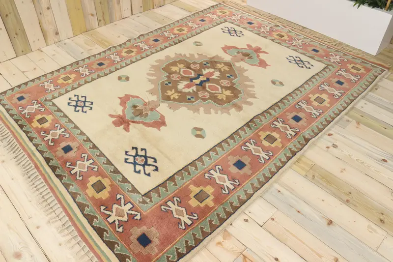 Alfombra turca grande de 6,4x8,9 pies, alfombra vintage de lana de lunares marrón Oushak - 1