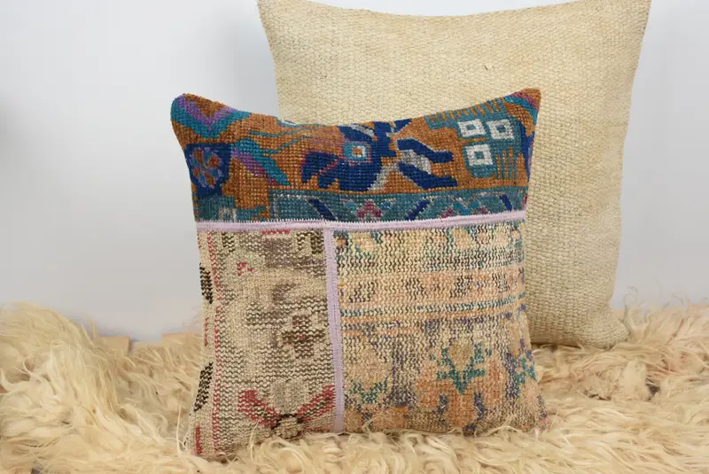 Turkish Kilim Pillow, Authentic Pillow Cover, Square Throw Pillow Case, Boho Pillow Sham Cover, Home Decor Pillow, 16x16 Beige Cushion, Pillow Cover - 6