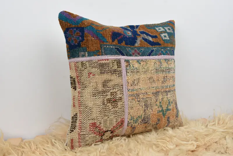 Turkish Kilim Pillow, Authentic Pillow Cover, Square Throw Pillow Case, Boho Pillow Sham Cover, Home Decor Pillow, 16x16 Beige Cushion, Pillow Cover - 8