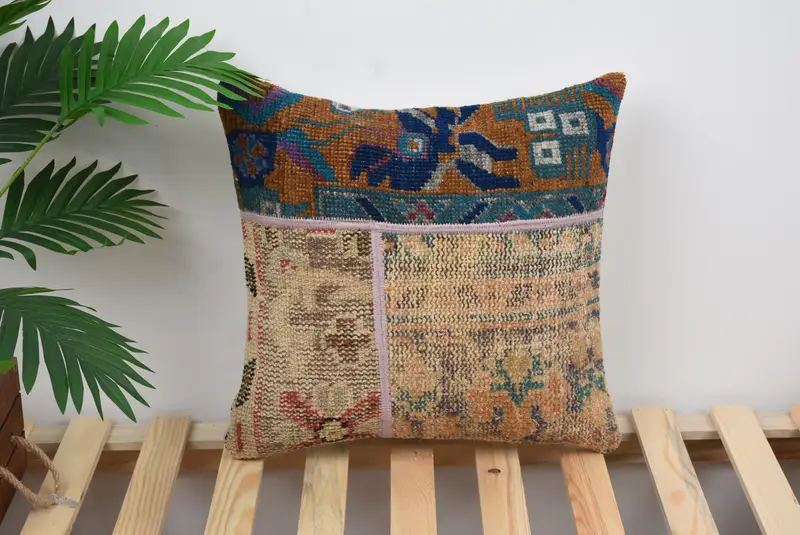 Turkish Kilim Pillow, Authentic Pillow Cover, Square Throw Pillow Case, Boho Pillow Sham Cover, Home Decor Pillow, 16x16 Beige Cushion, Pillow Cover - 1