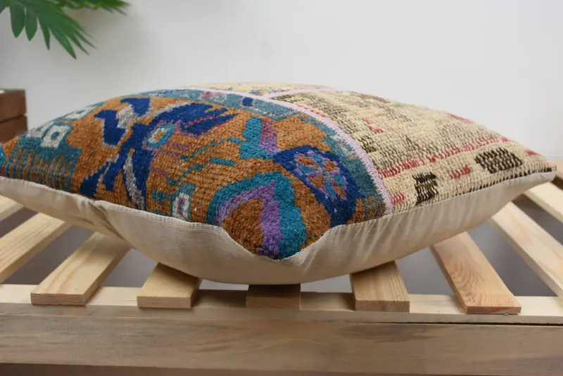 Turkish Kilim Pillow, Authentic Pillow Cover, Square Throw Pillow Case, Boho Pillow Sham Cover, Home Decor Pillow, 16x16 Beige Cushion, Pillow Cover - 4
