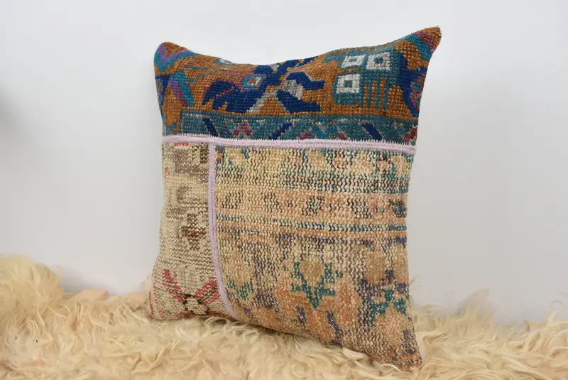 Turkish Kilim Pillow, Authentic Pillow Cover, Square Throw Pillow Case, Boho Pillow Sham Cover, Home Decor Pillow, 16x16 Beige Cushion, Pillow Cover - 7