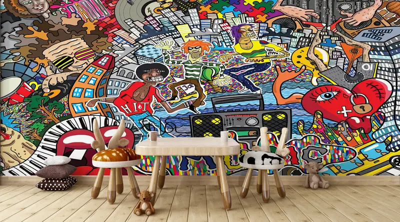 Lebhafte bedruckte Tapete: Abstrakte Musik-Graffiti-Kunst
