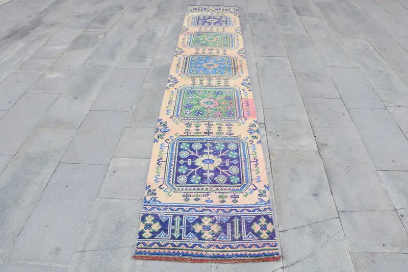Alfombra turca vintage de 2,1x11,5 pies, alfombra corredora, alfombra azul Oushak Ikat - 1