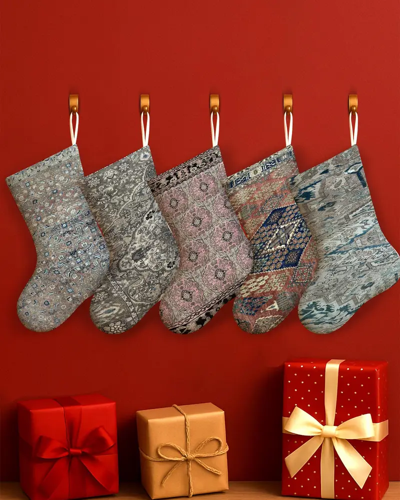 Şenlikli Mavi Noel Çorabı, 30 İnç Genişliğinde Pamuk Süs Dekoru