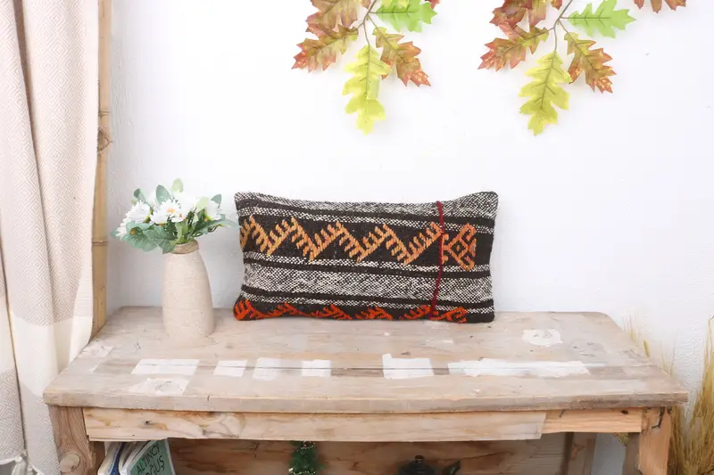 Cushion, Turkish Pillow, Comfy Throw Cushion, 8x16 Brown Pillow Cover, Throw Kilim Pillow, Kilim Pillow Cover, One Of A Kind Cushion Case - 1