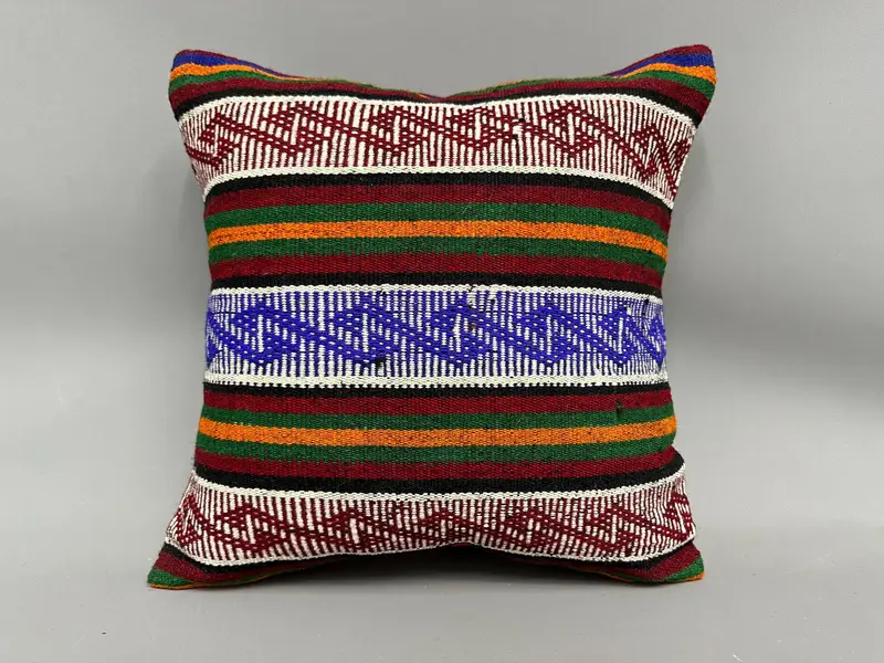 Vintage Kilim Throw Pillow, Rustic Cushion Cover, Home Decor Pillow, 18x18 Blue Cushion Case, Pillow Sham, Interior Designer Pillow - 4