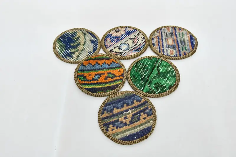 Posavasos Kilim azules y verdes, posavasos de alfombra antideslizantes