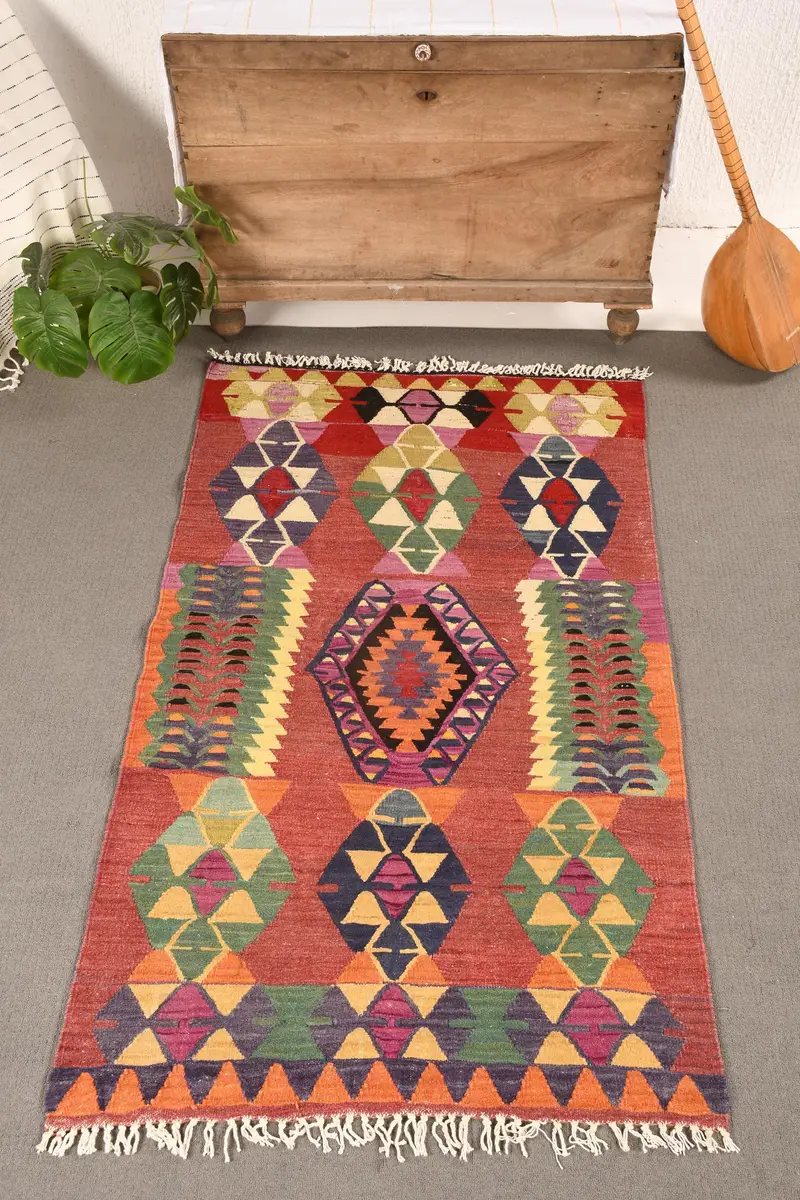 3.2x5.6 ft Türk Halısı, Vintage Vurgu Halısı, Gökkuşağı Kareli Yün Halı - 1