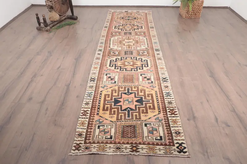 Vintage Turkish Rug, 2.7x10.1 ft Oushak Rug, Brown Striped Wool Rug - 1