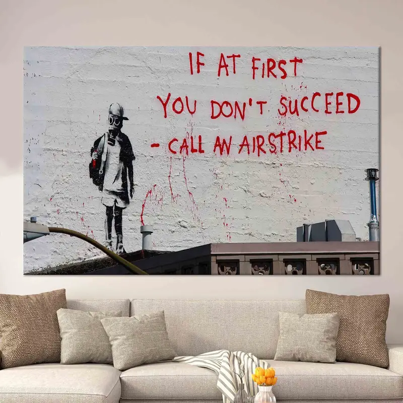 モダンなバンクシー グラフィティ キャンバス: 空爆アート プリント、鮮やかな装飾