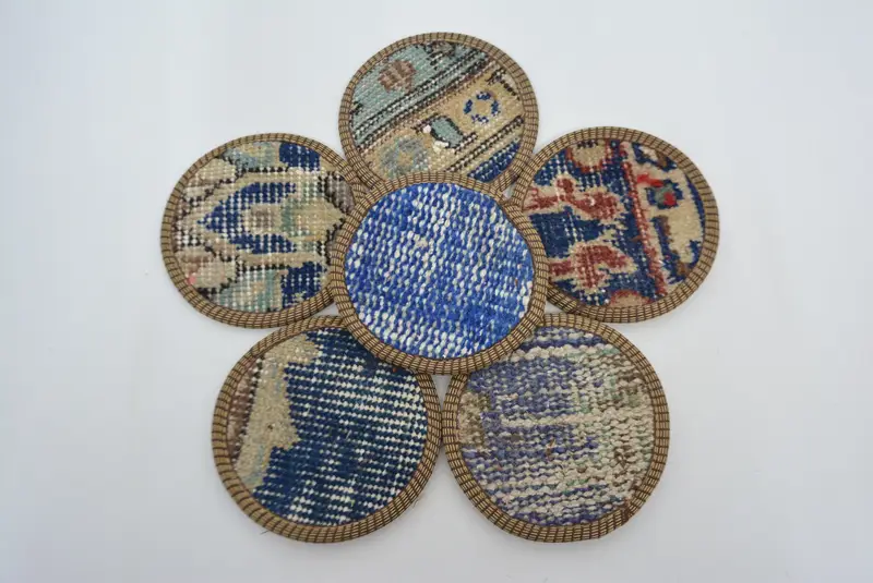 Posavasos Kilim azul y beige, posavasos circular antideslizante duradero