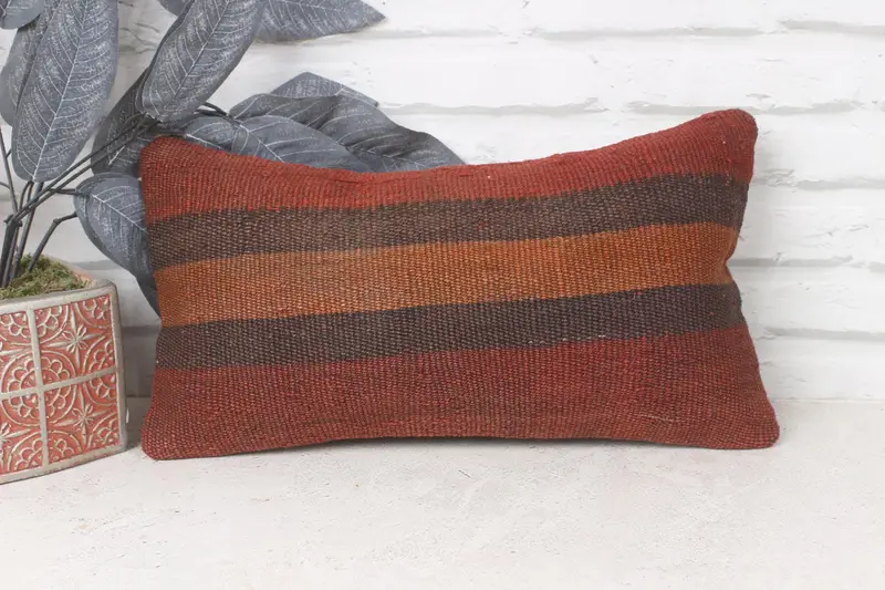 Antique Pillows, Anatolian Pillow Cover, Cushion Case, Ethnical Kilim Rug Pillow, 8x16 Brown Cushion Case, Vintage Kilim Throw Pillow - 1