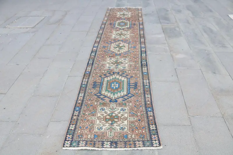 Turkish 2.5x10.9 ft Rug, Vintage Runner Rug, Blue Moroccan Rug - 1