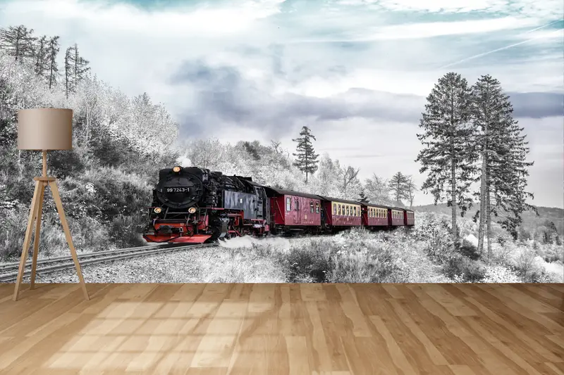 Elegant Winter Landscape Train Wallpaper - Printed Nature Scene