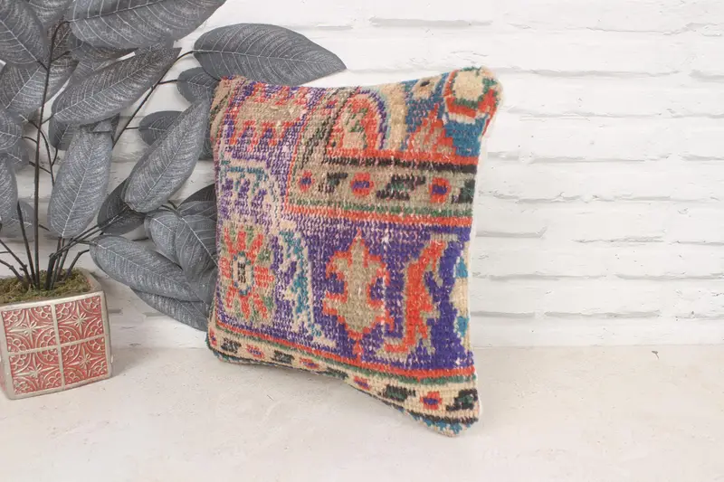 14x14 Blue Pillow Sham, Bolster Throw Cushion Cover, Cushion, Vintage Kilim Pillow, Throw Kilim Pillow, Car Pillow, Vintage Kilim Throw Pillow - 4