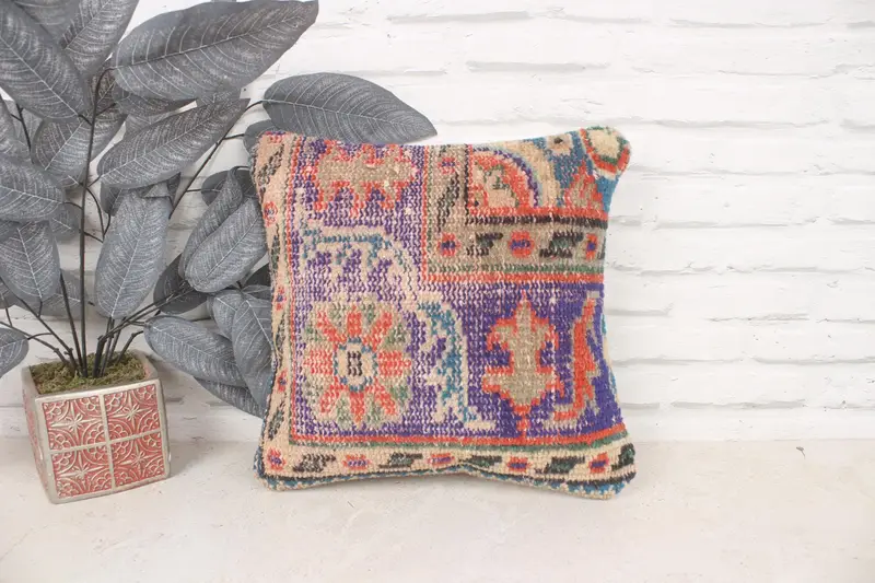 14x14 Blue Pillow Sham, Bolster Throw Cushion Cover, Cushion, Vintage Kilim Pillow, Throw Kilim Pillow, Car Pillow, Vintage Kilim Throw Pillow - 1