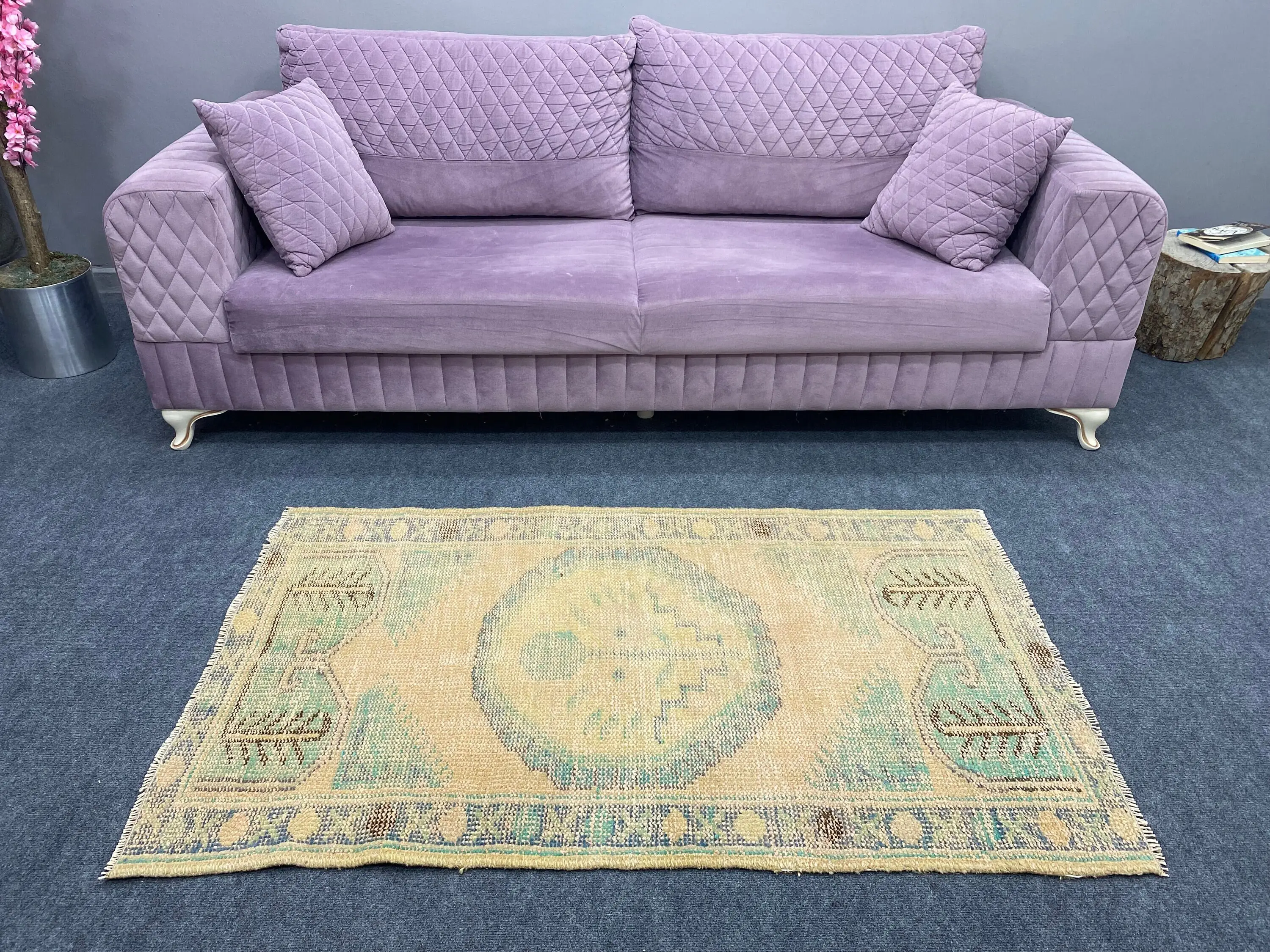 Vintage Turkish Rug, Small 2.8x4.9 ft (86x150 cm) Rug, Blue Abstract Wool Rug - 1